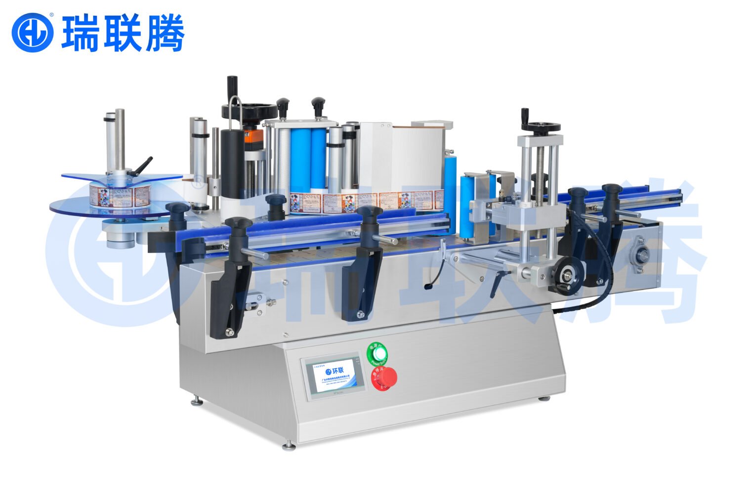 可以将药瓶、矿泉水瓶精准贴标的桌面式定位圆瓶贴标机