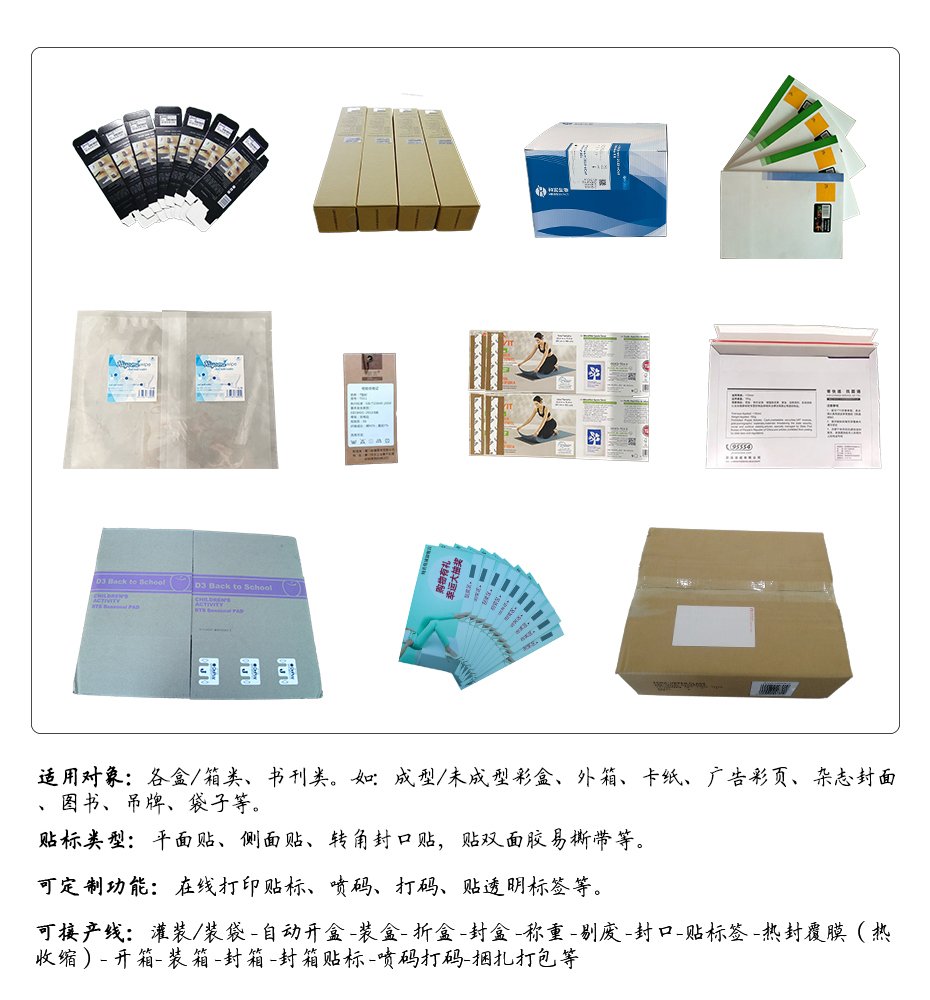 印刷类包装及印刷品展示图 —— 涵盖成型 / 未成型彩盒、外箱、卡纸、广告彩页、杂志封面、图书、吊牌、袋子等，支持平面贴、侧面贴、转角封口贴、贴双面胶易撕带等贴标类型，可定制在线打印贴标、喷码、打码、贴透明标签等功能，能对接灌装 / 装袋 - 自动开盒 - 装盒 - 折盒 - 封盒 - 称重 - 剔废 - 封口 - 贴标签 - 热封覆膜（热收缩） - 开箱 - 装箱 - 封箱 - 封箱贴标 - 喷码打码 - 捆扎打包等产线流程